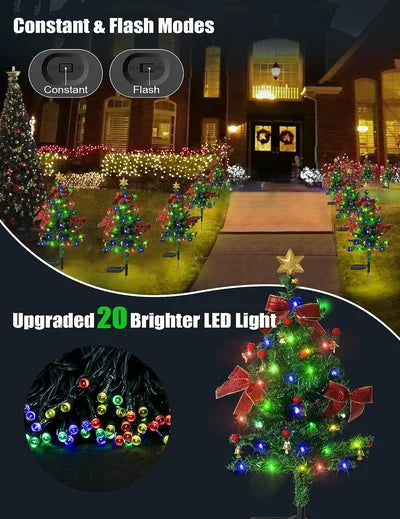 Close-up of a solar Christmas tree light stake, bright LED for outdoor holiday illumination