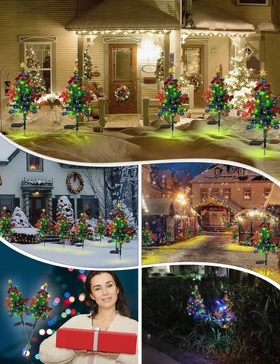 Christmas tree shaped solar-powered lawn lights, perfect for bright and sustainable outdoor holiday decor