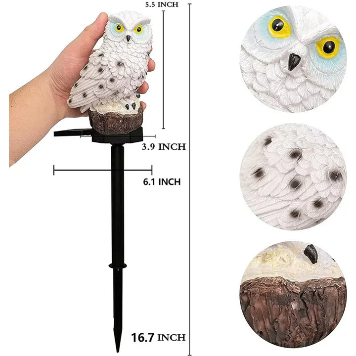 Decorative solar owl garden light, featuring a robust stake for versatile outdoor placement.