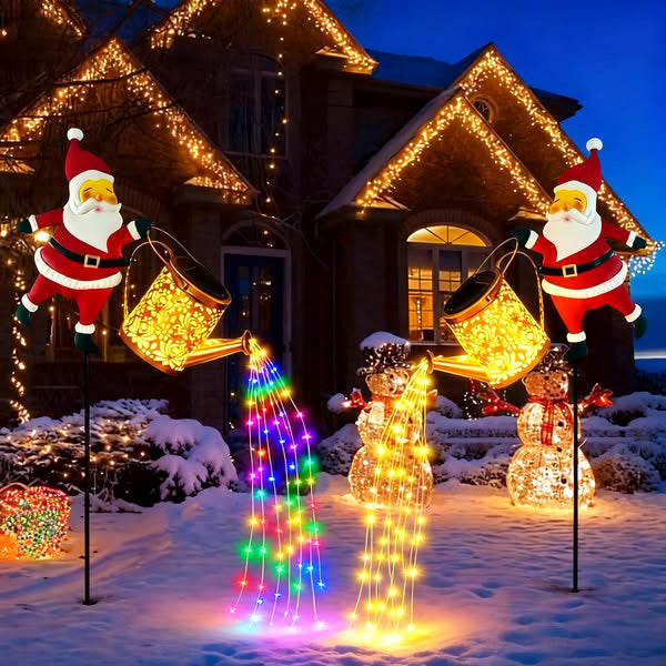 Solar-powered Santa Claus kettle garden light with warm LED fairy lights for Christmas outdoor decor