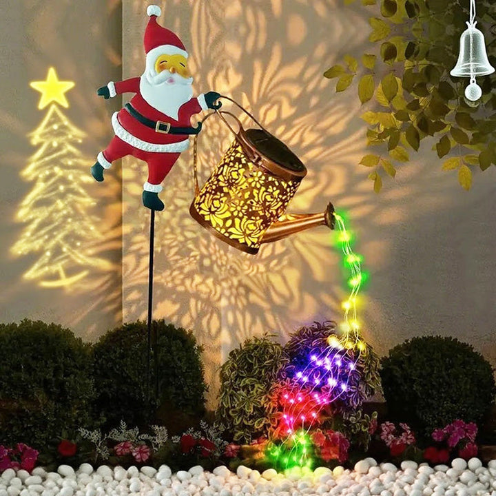 Christmas Santa kettle garden lights, solar powered, illuminating a festive outdoor scene at dusk