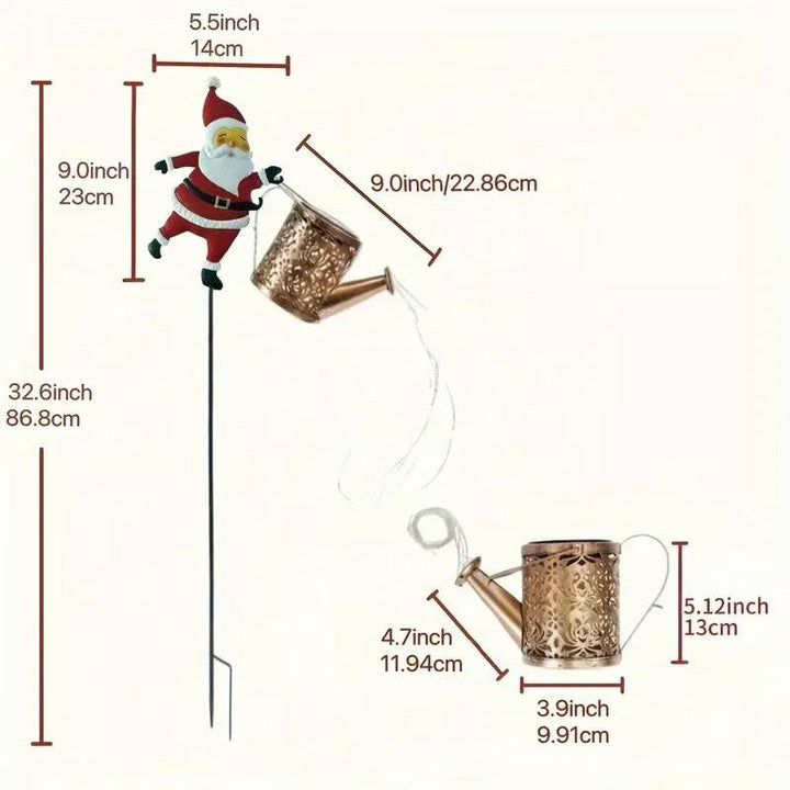 Close-up of a charming solar Santa kettle garden light, perfect for Christmas outdoor decorations