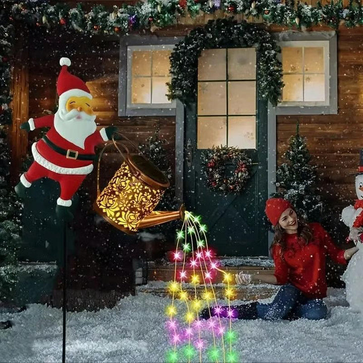 Outdoor Christmas decor featuring a unique Santa kettle design with energy-efficient solar garden lights