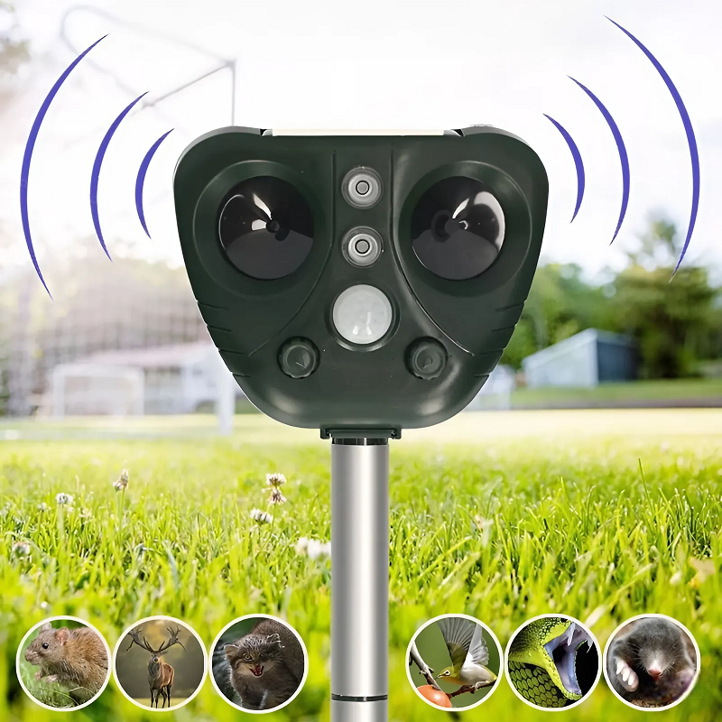 Close-up of a waterproof solar bird repeller, highlighting the ultrasonic speaker for garden pest control.