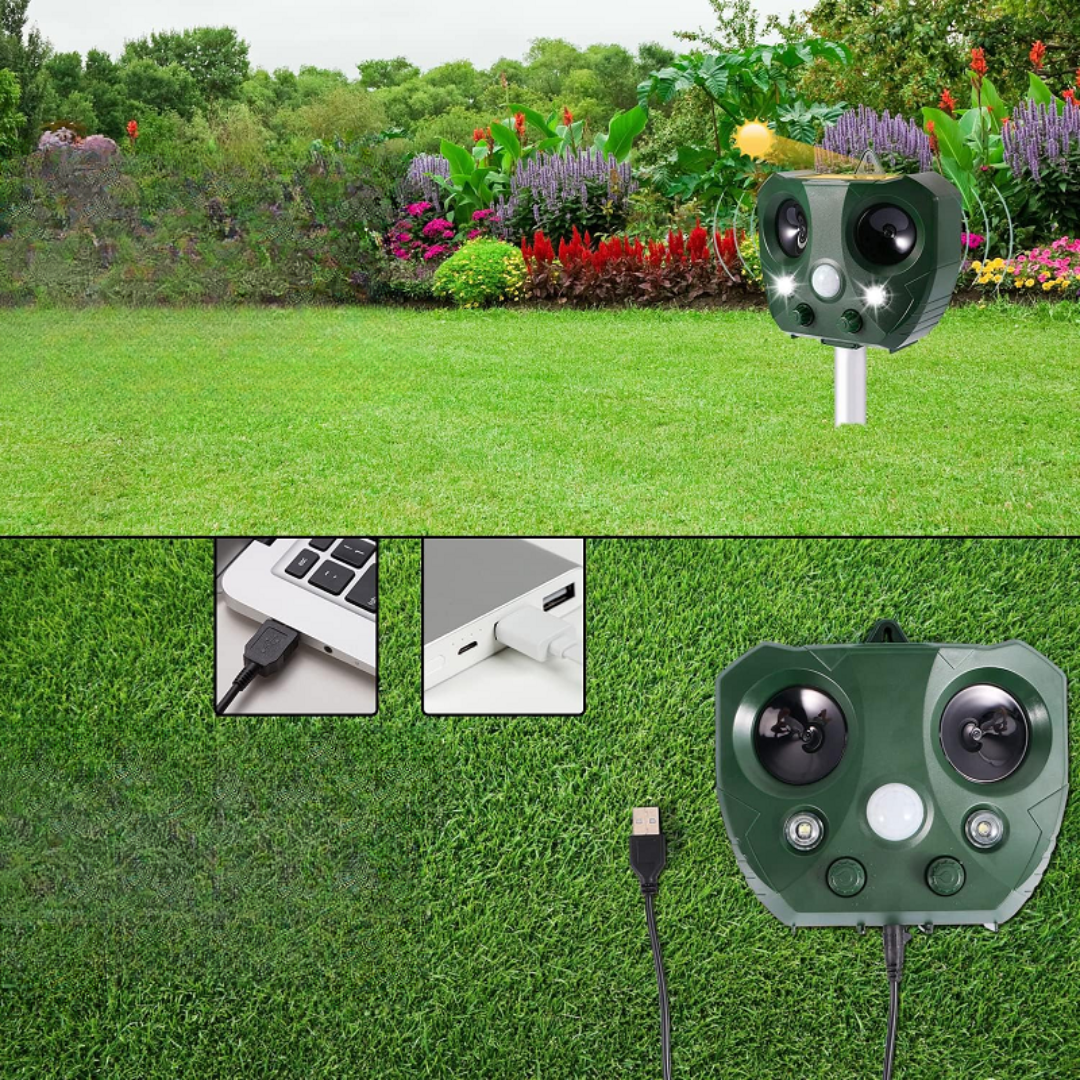 Solar powered bird repeller in action, integrated into a backyard landscape for effective outdoor protection.