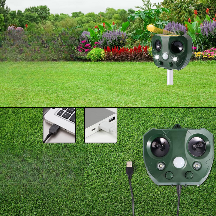 Solar powered bird repeller in action, integrated into a backyard landscape for effective outdoor protection.