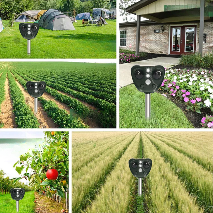 Ultrasonic bird repeller with solar panel, designed for humane, waterproof garden pest control and deterrent.