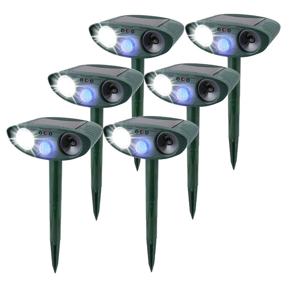Solar ultrasonic rabbit repeller, outdoor garden protection against pests with flashing light.