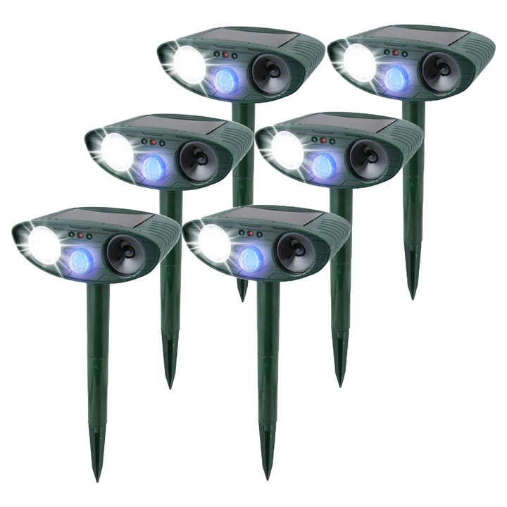 Solar ultrasonic rabbit repeller, outdoor garden protection against pests with flashing light.