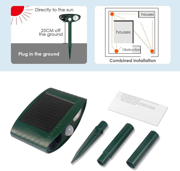 Ultrasonic rabbit deterrent, solar-powered, protecting your yard from pests with flashing light.