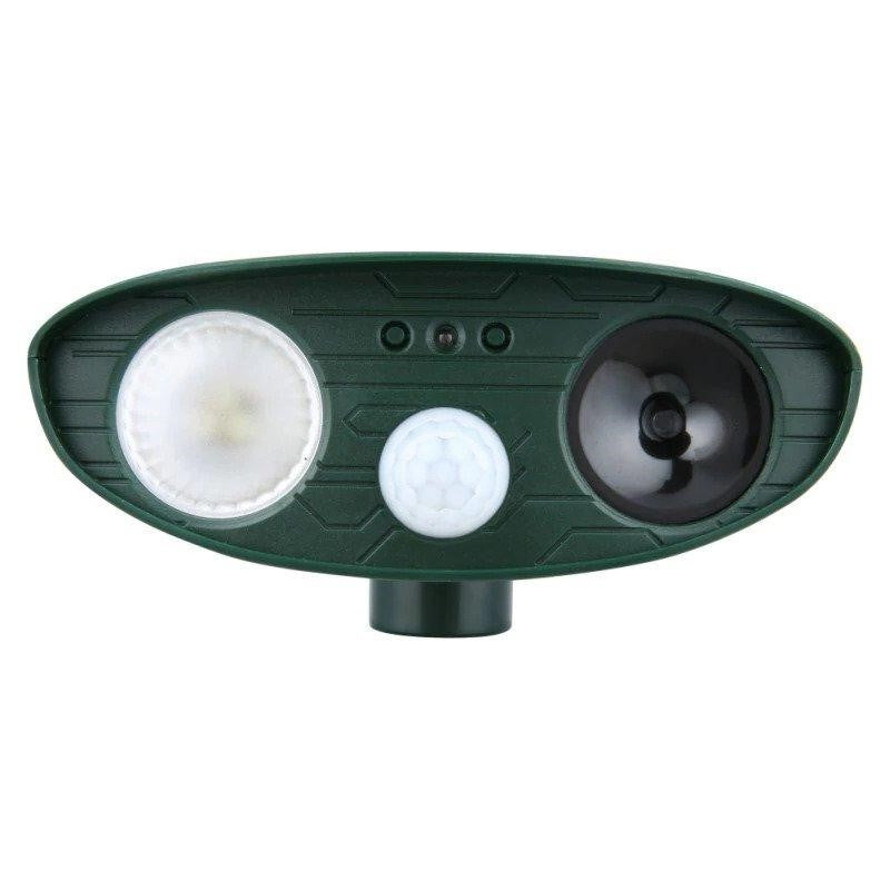 Outdoor solar rabbit repeller uses ultrasonic waves & flashing light to humanely deter garden pests.