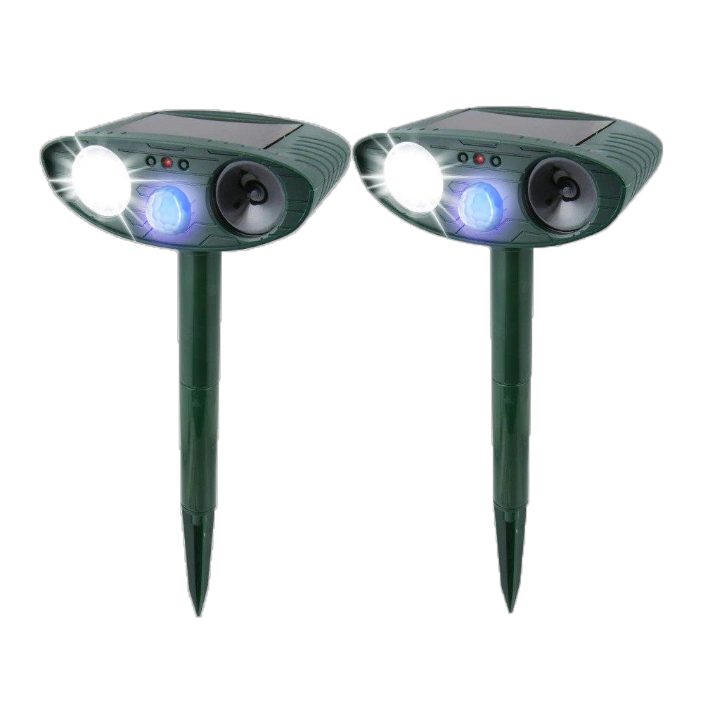 Solar-powered ultrasonic rabbit repeller with flashing light, a humane garden pest deterrent.