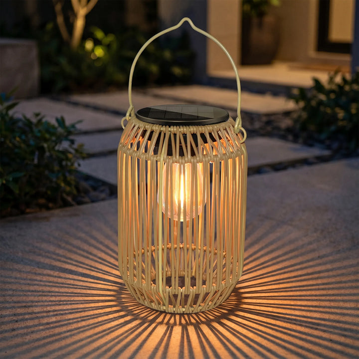 Solar woven lantern for patio, garden, or outdoor decor, providing warm ambient LED light.