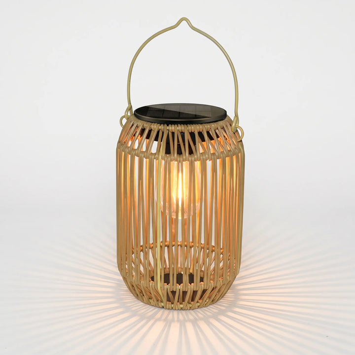 Rattan-style outdoor solar lantern, weather-resistant, automatic LED light for patio garden.