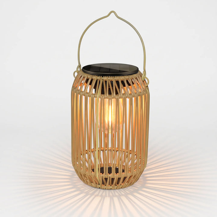 Elegant rattan-look solar lantern, ideal for outdoor patio & garden ambient LED lighting.