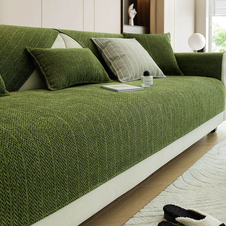 Easy-clean solid chenille couch cover, combining practicality with stylish home decor.