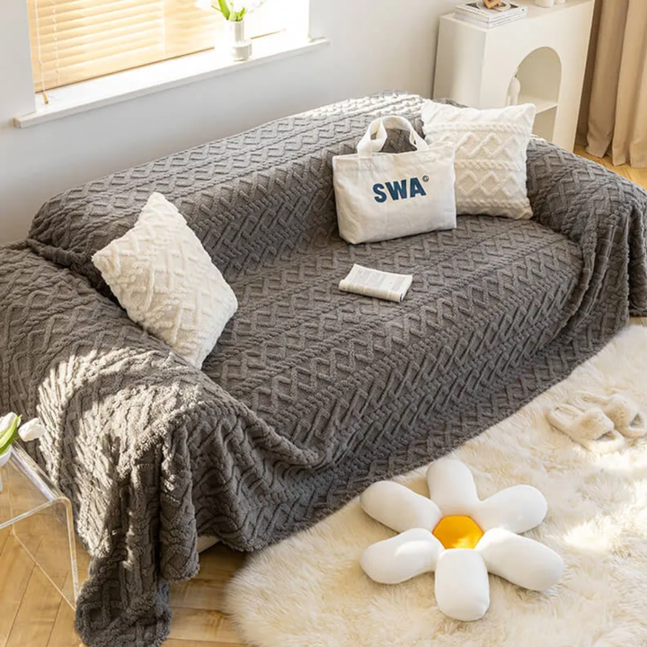 Solid gray fleece sofa cover, furniture protector, and pet-friendly blanket for living room decor
