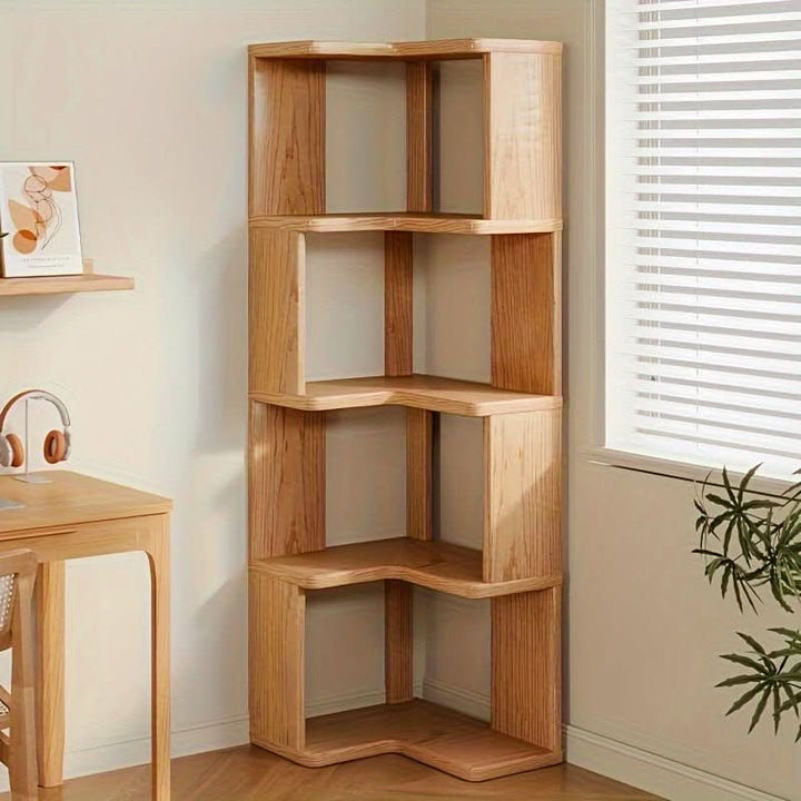 Solid pine wood corner cabinet with natural finish, space-saving design for home storage & organization.