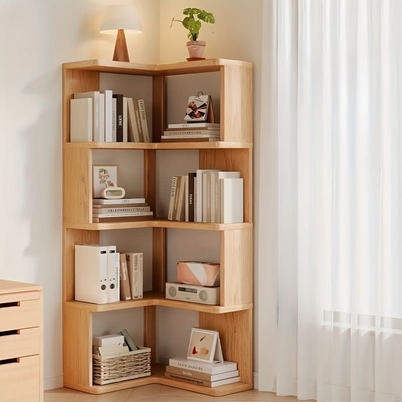 Space-saving pine wood corner storage cabinet, perfect for organizing living room or bedroom essentials.