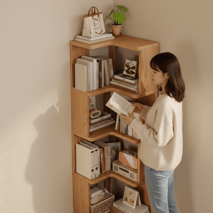 Triangular wooden corner cabinet crafted from solid pine, optimizing space for modern home organization.