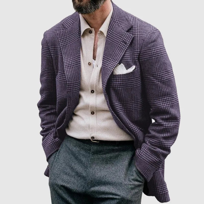 Sophisticated men's checkered blazer, tailored for a sharp look. Perfect for business attire or smart casual fashion.