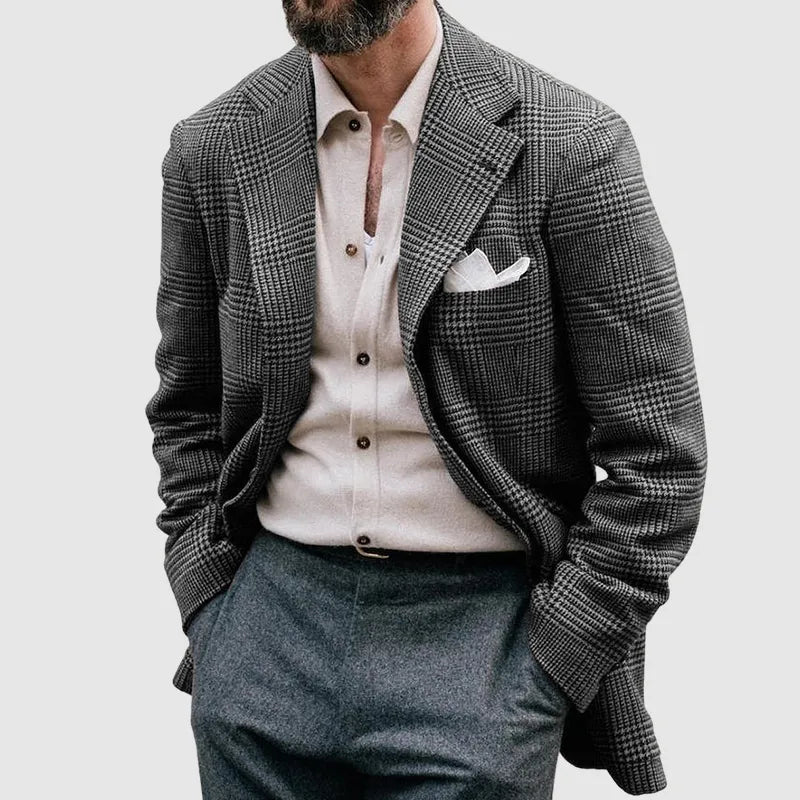 Stylish gray men's checkered blazer, a versatile tailored jacket for formal events & modern mens fashion.