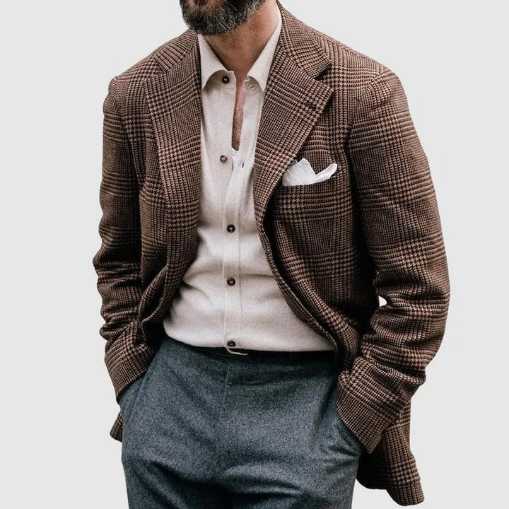 Classic brown men's checkered blazer. A smart tailored jacket for business wear, adding elegance to any outfit.