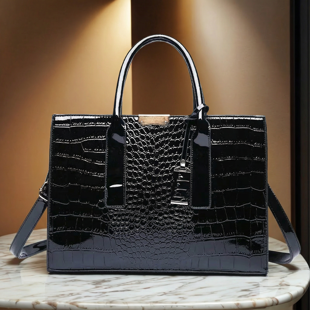 Black/Grey Madison croc-embossed women's handbag, a stylish and sophisticated vegan leather everyday carry.