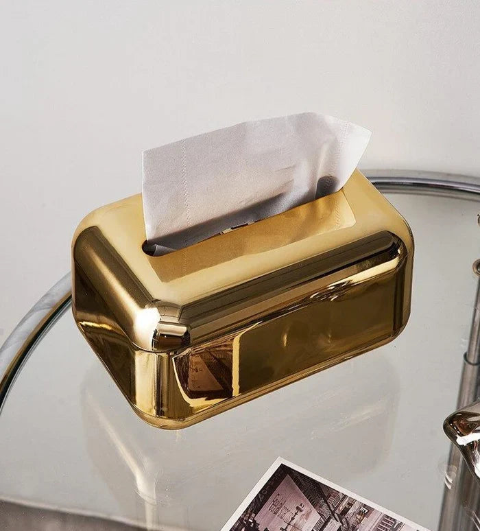 Functional & elegant gold & silver modern tissue dispenser, luxury home decor.