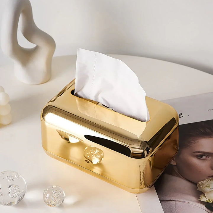 Stylish gold & silver tissue dispenser for modern homes & upscale decor.
