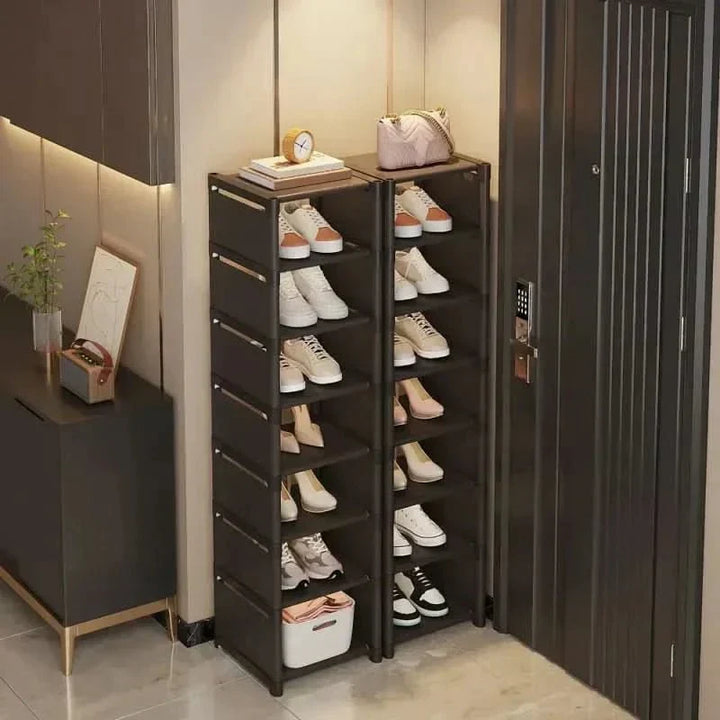 Space-saving corner shoe organizer rack for compact entryway or closet storage.