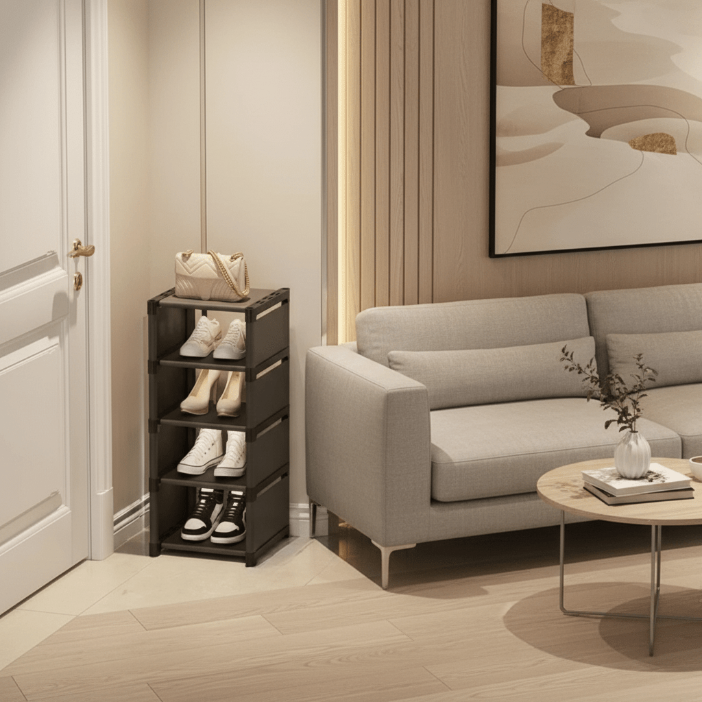 Home organization essential: a sturdy, space-saving corner shoe rack for tidy living.