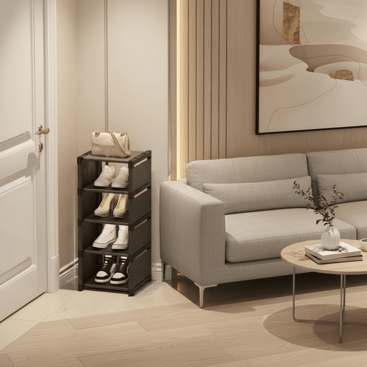 Home organization essential: a sturdy, space-saving corner shoe rack for tidy living.