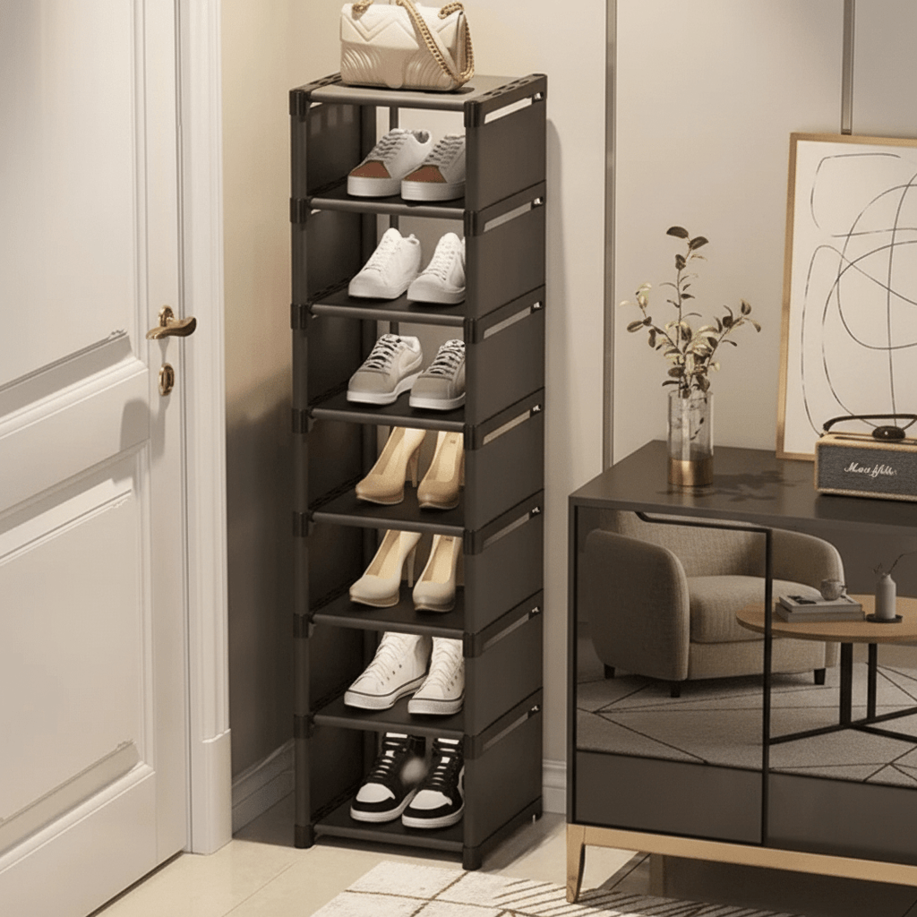 Get organized with this corner shoe rack, designed for small areas and easy footwear access.