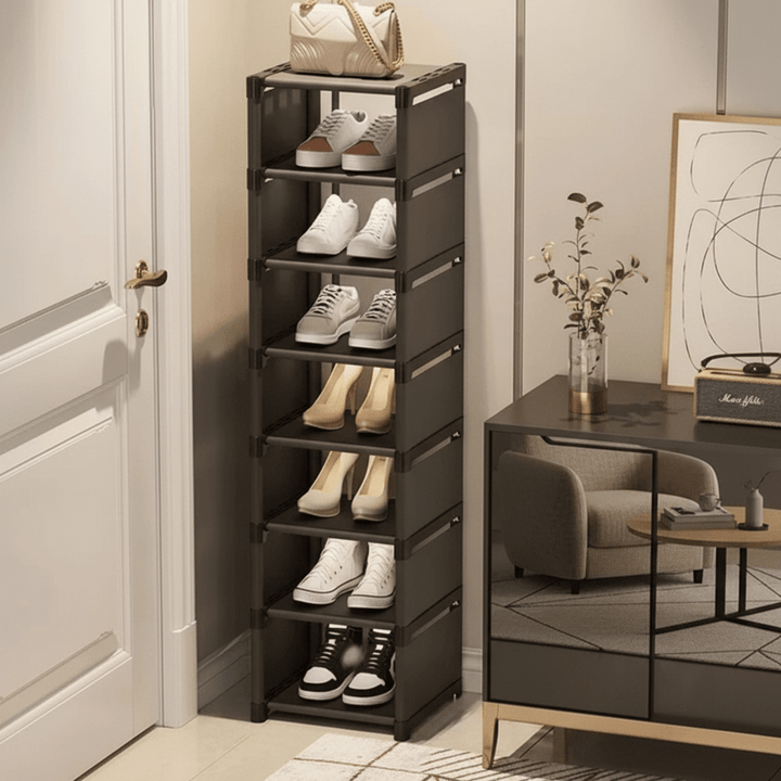 Get organized with this corner shoe rack, designed for small areas and easy footwear access.