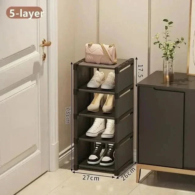 Stackable corner shoe organizer, maximizing vertical space in tight areas.