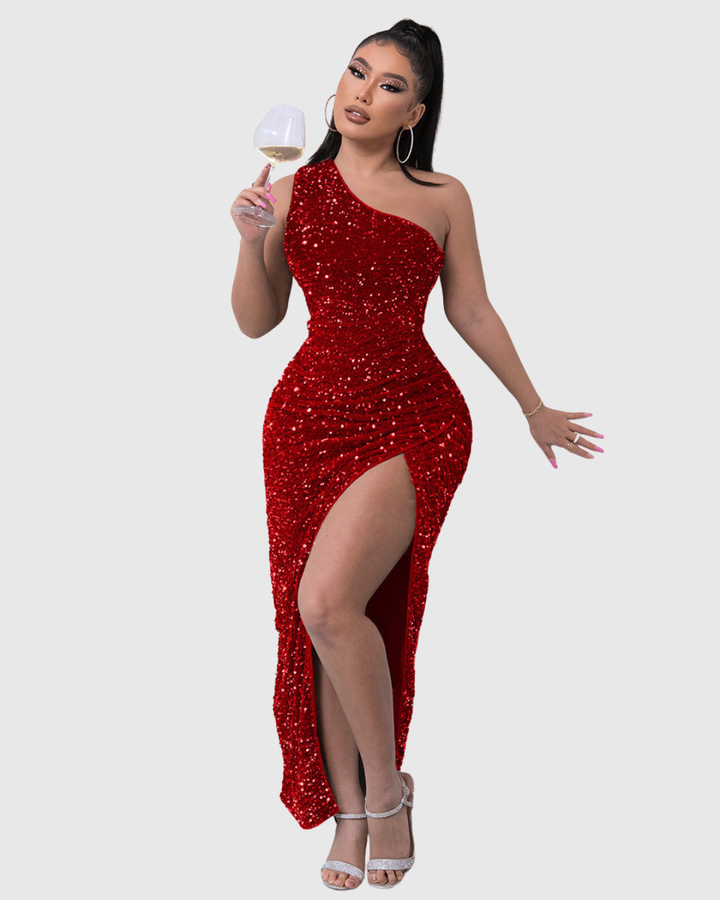 Elegant blue sparkling one-shoulder mermaid dress, ideal for special occasion, evening wear & parties.