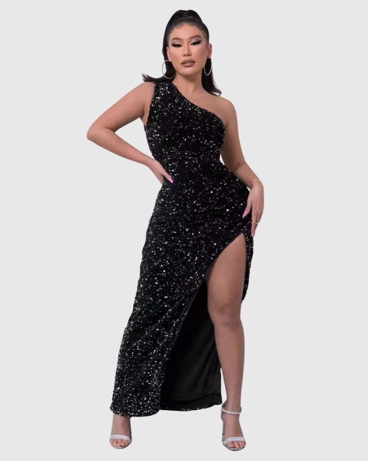 Pink sparkling one-shoulder mermaid formal gown, a glamorous choice for homecoming or prom night.