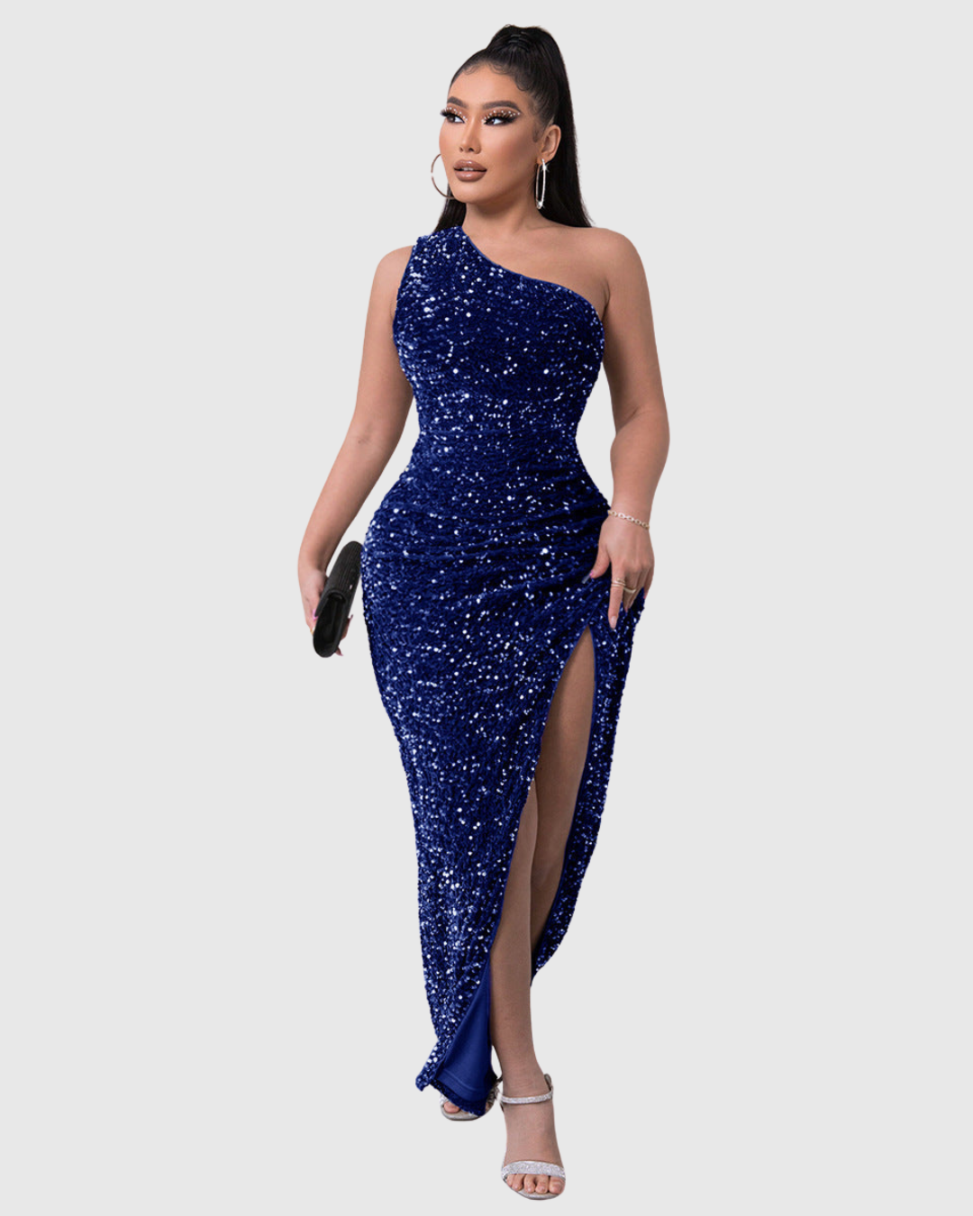Black sparkling one-shoulder mermaid evening dress, a sophisticated formal gown for any special event.