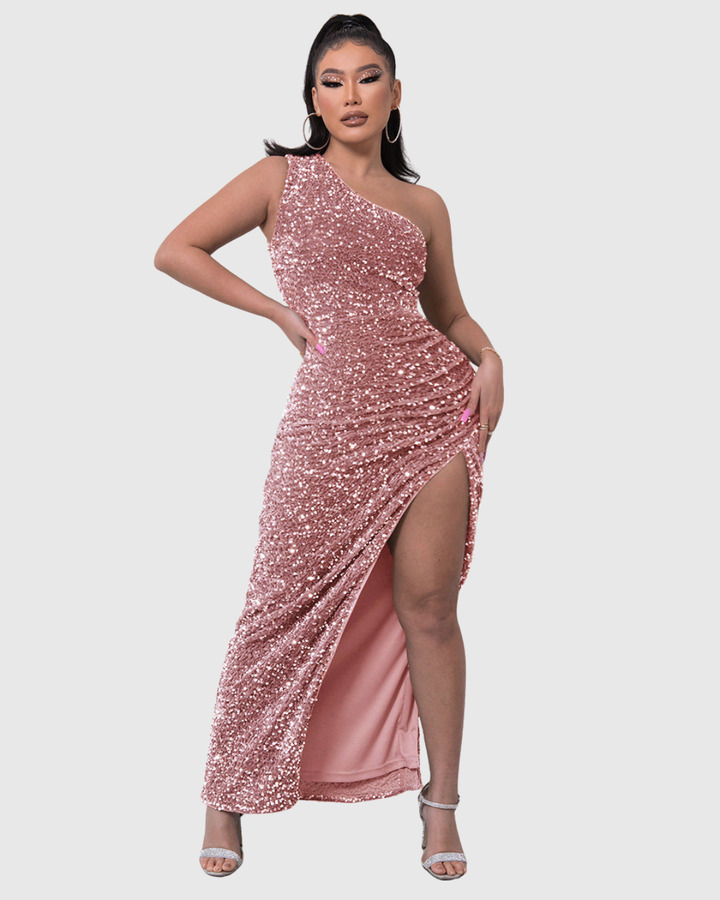 Gray dazzling one-shoulder mermaid party dress, an elegant and sparkling formal wear for women.