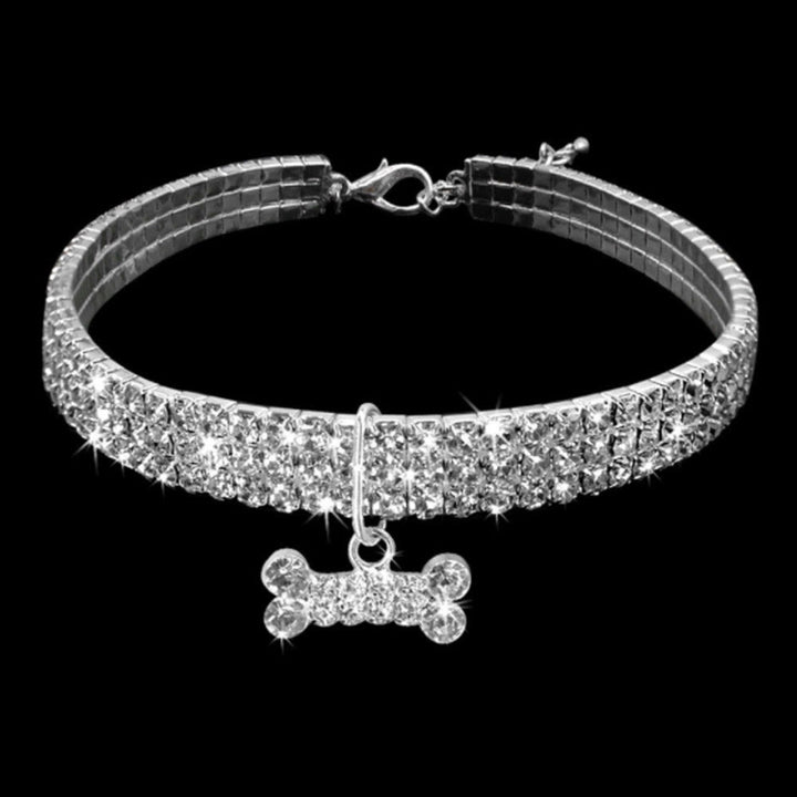 Sparkling rhinestone dog collar with a silver bone charm on a white background, adjustable for small to large pets.