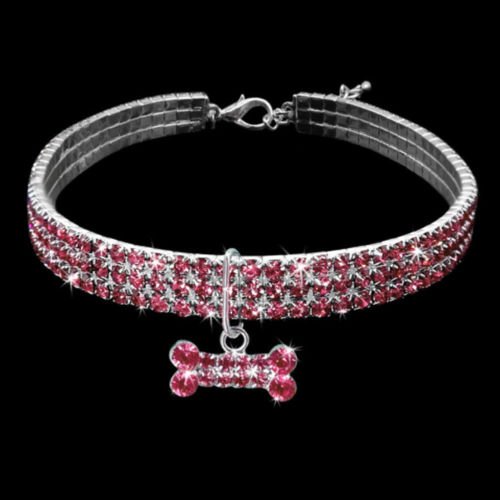 Rhinestone-studded dog collar with a polished bone charm, designed for comfort and pet elegance.