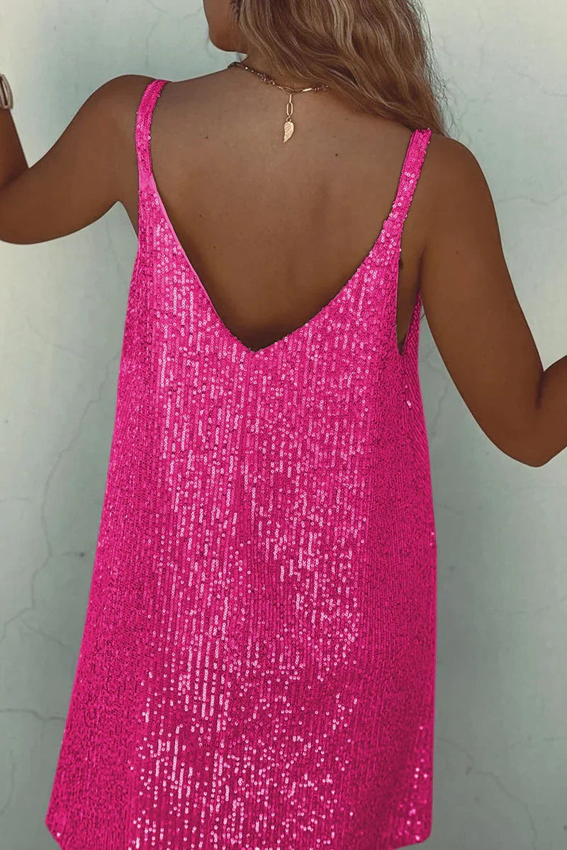 Women's sparkling V-neck sequin mini dress, ready for holiday festivities.