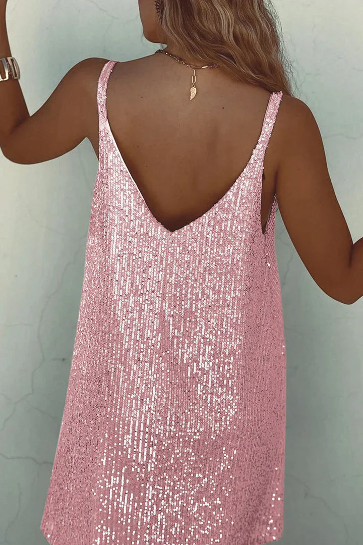 Sparkling V-neck mini dress, an eye-catching design for evening parties.