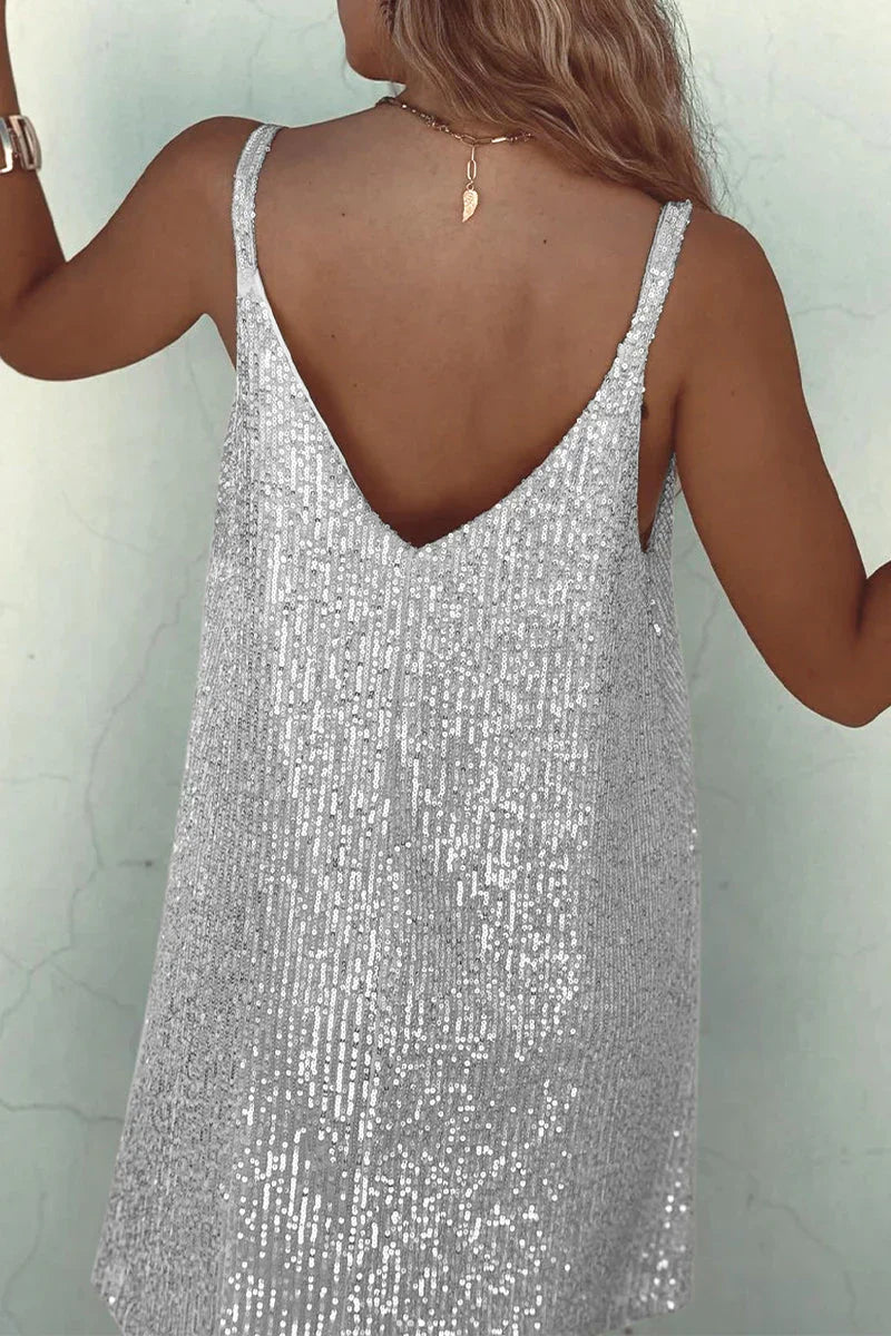 Shimmering sequin mini dress with V-neckline, ideal for glamorous parties.