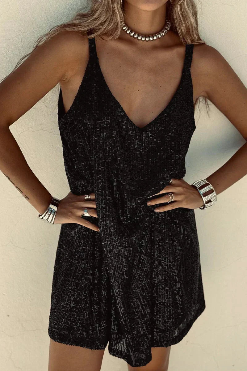 Festive sequin V-neck mini dress, designed for celebration and style.