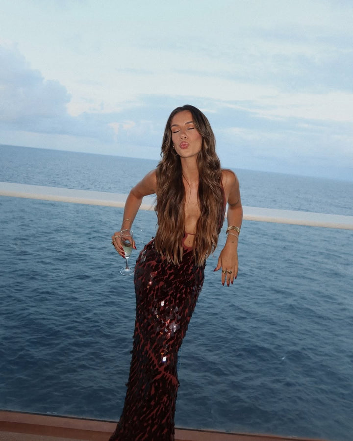 Formal women's sequin plunge maxi dress, a stunning evening gown for homecoming, prom, or any party.