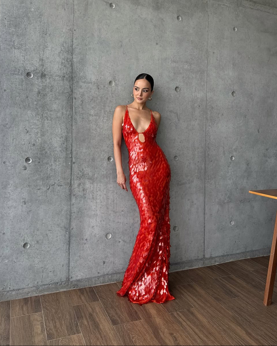 Long sequin plunge homecoming dress for women, an elegant maxi gown perfect for special occasion parties.