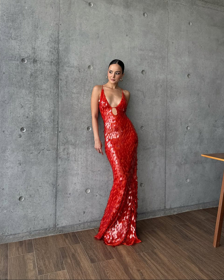 Long sequin plunge homecoming dress for women, an elegant maxi gown perfect for special occasion parties.