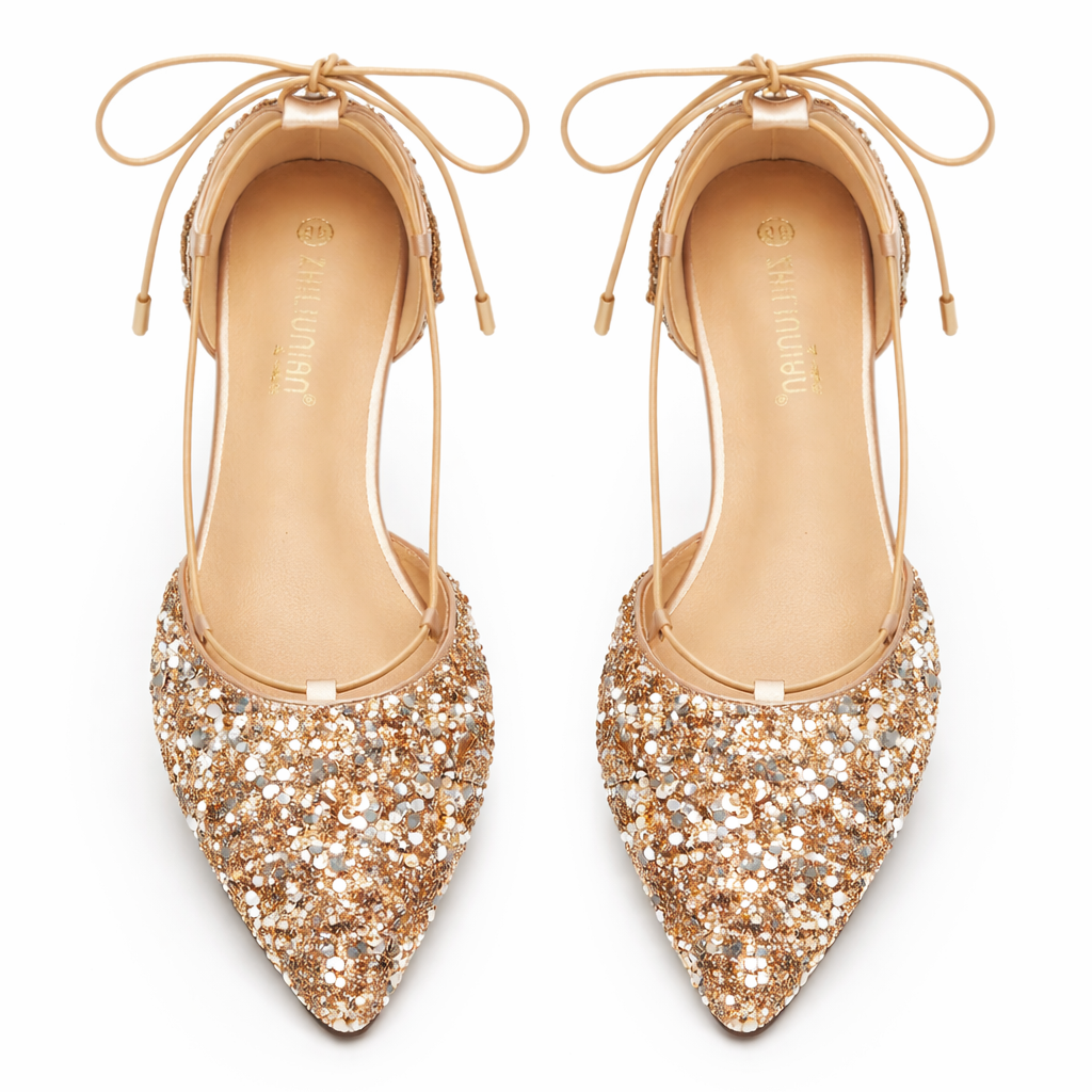 Elegant women's pointed toe glitter flats with adjustable ankle strap, perfect sparkly party footwear.